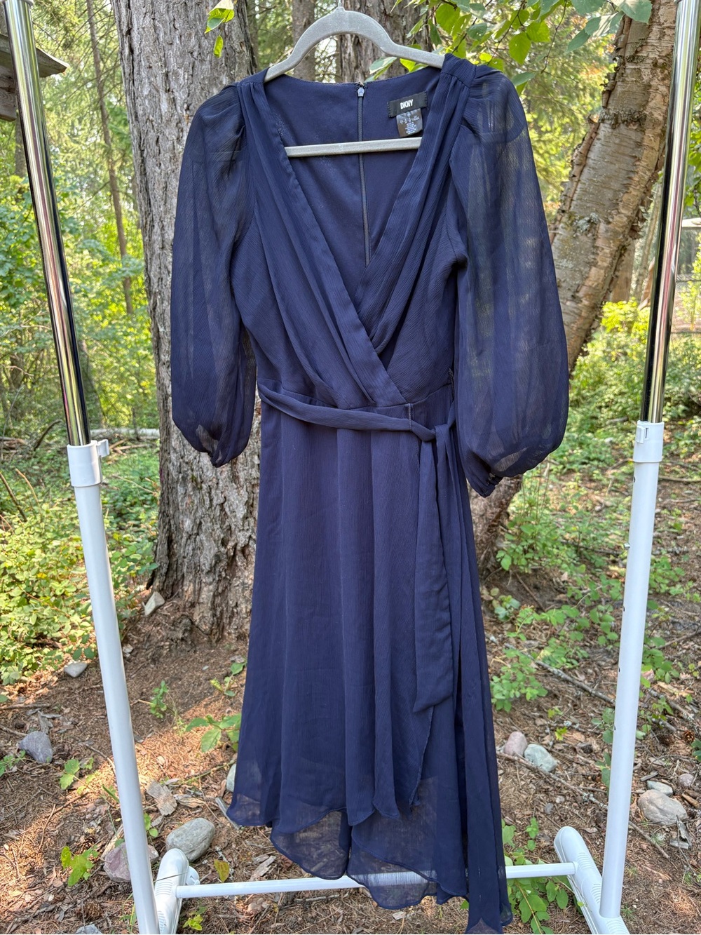 DKNYC Navy Wrap Midi Dress with Sheer Bishop Sleeves and Tie Waist